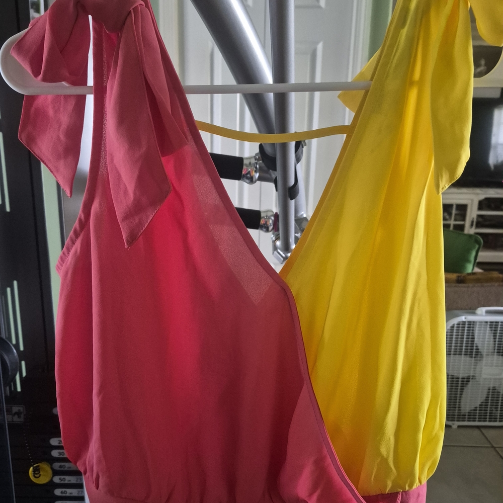 New York & Company Pink and Yellow Colorblock Cropped Tank Top